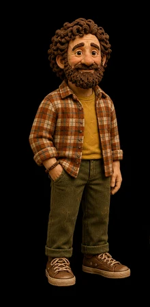 Animated bearded character on a black background