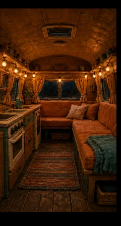 Warm wooden campervan interior