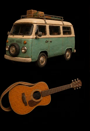 Vintage campervan and acoustic guitar on a black background